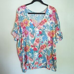 Umgee Floral Blouse with Ruffle Sleeves Colorful V-Neck Retro Women's Size 2XL